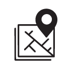 Icon of a location pin over a square with lines inside representing a map.