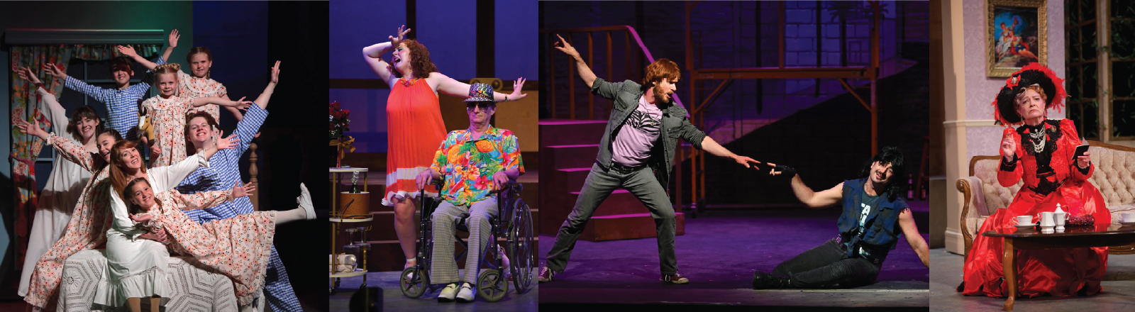A collage of four live theater performances: a group of women and girls in prairie dresses with arms raised in celebration; a woman in an orange dress performing alongside a man in a tropical shirt and wheelchair; two men in a dramatic rock-style duet on a purple-lit stage; and a woman in an elaborate red Victorian gown seated in an elegant drawing room set.