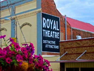 Downtown Macon, Missouri photo of Maples Repertory Theatre location inside historic Royal Theatre.