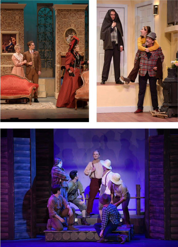 Three separate images are collaged together to showcase a variety of past live theatre performances at Maples Repertory Theatre in Macon, Missouri. All are professionally lit with professional actors and actresses.